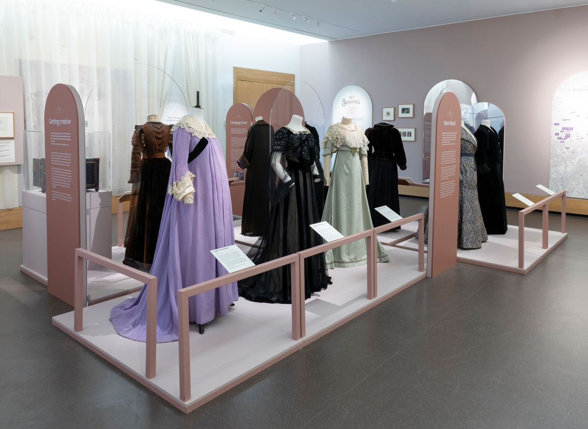 The dresses at the 'Out Shopping' Exhibition after conservation